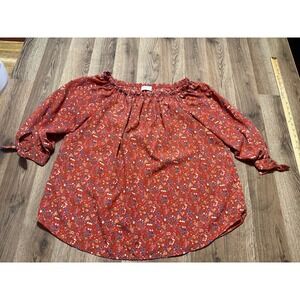 Hailey & Co. Blouse Women's Large Orange Brown Green Blue Floral 3/4 Sleeve
